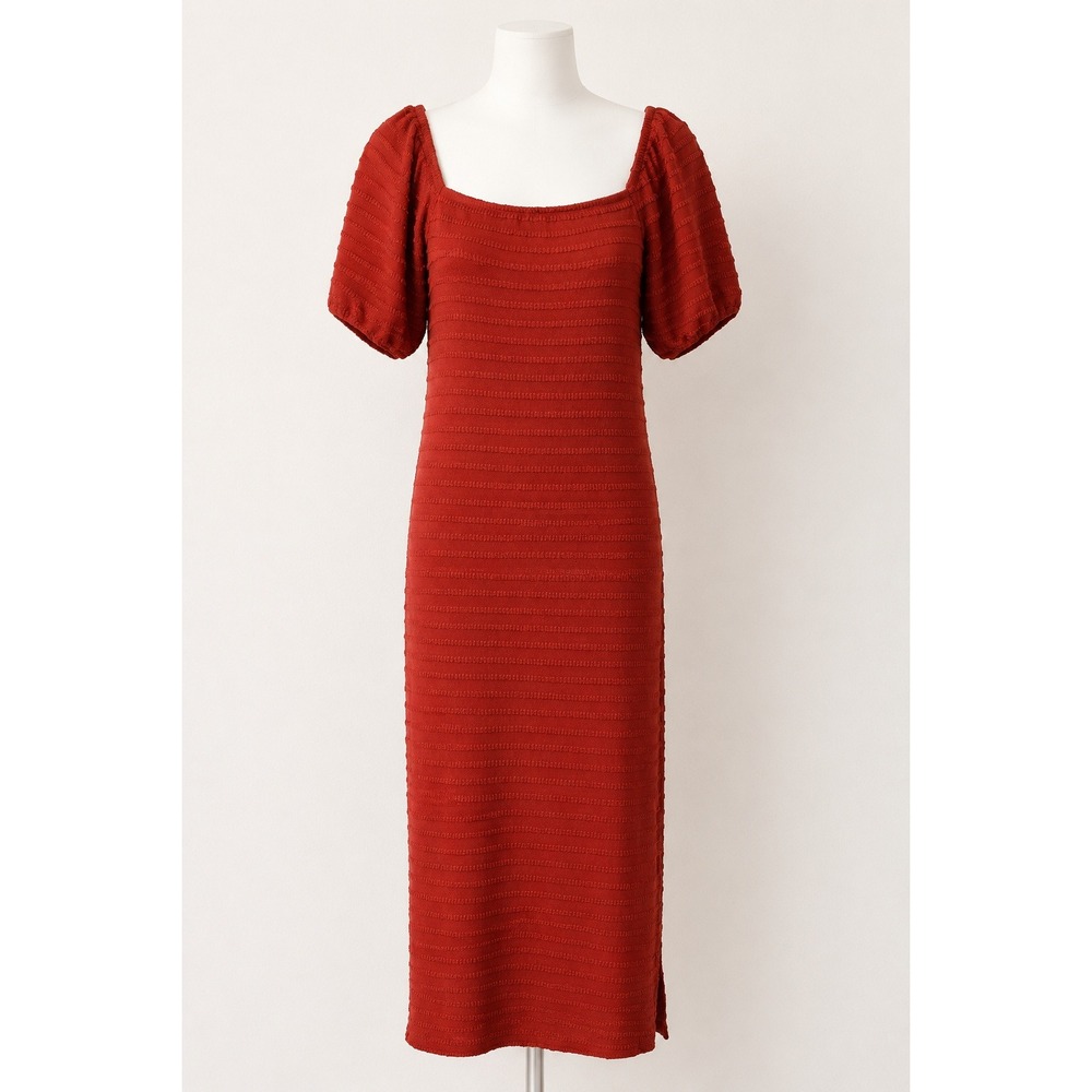 Rewind Rust Orange Textured Puff Sleeve Square Neck Midi Bodycon Dress M